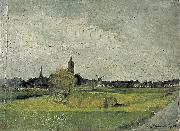 Landschap met hooikar, kerktorens en molen. Theo van Doesburg